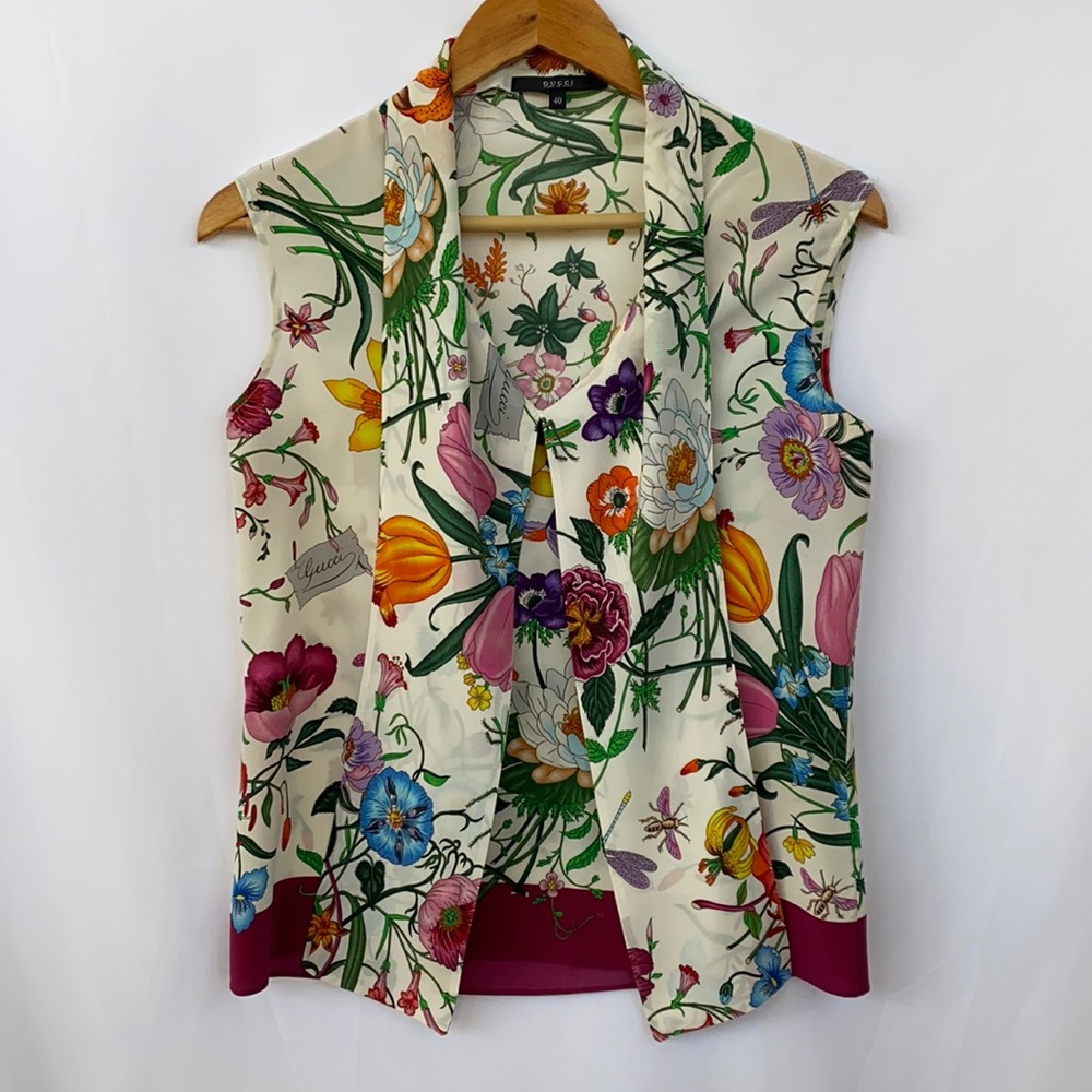 Gucci White Floral Printed Silk Neck Tie Sleeveless top